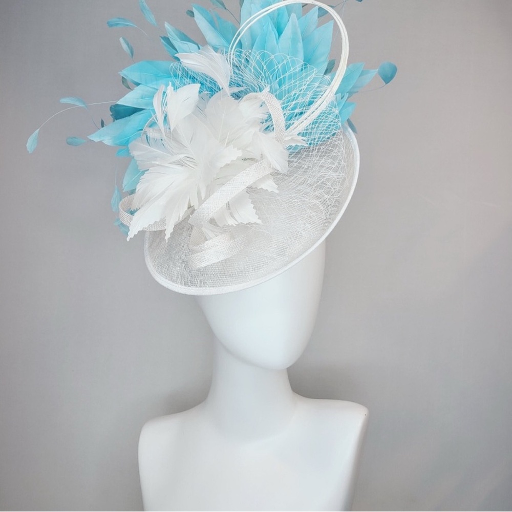 Kentucky Derby Hat Fascinator White Feather Flower Netting Turquoise Blue
